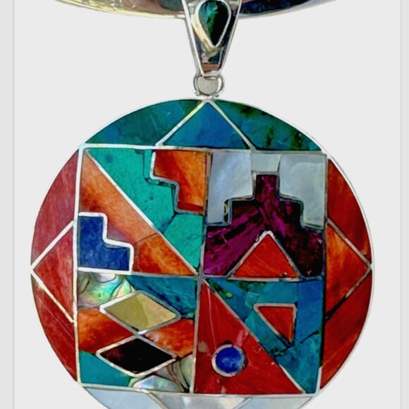 Peruvian 950 Sterling Silver Pendant | Circular Mosaic Inlay with Natural Stones - Picture 8 of 8
